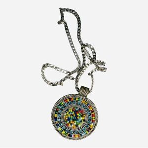 Colorful Pendant w Aqua Crystals and Beads w 925 Flat Cuban Chain 18” Like New